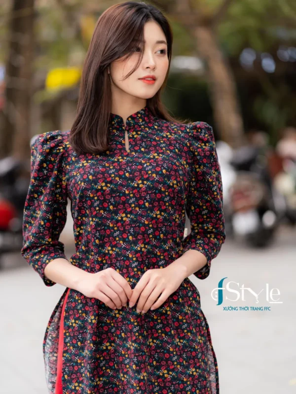 Áo dài tay bồng cà bông hoa nhí đỏ