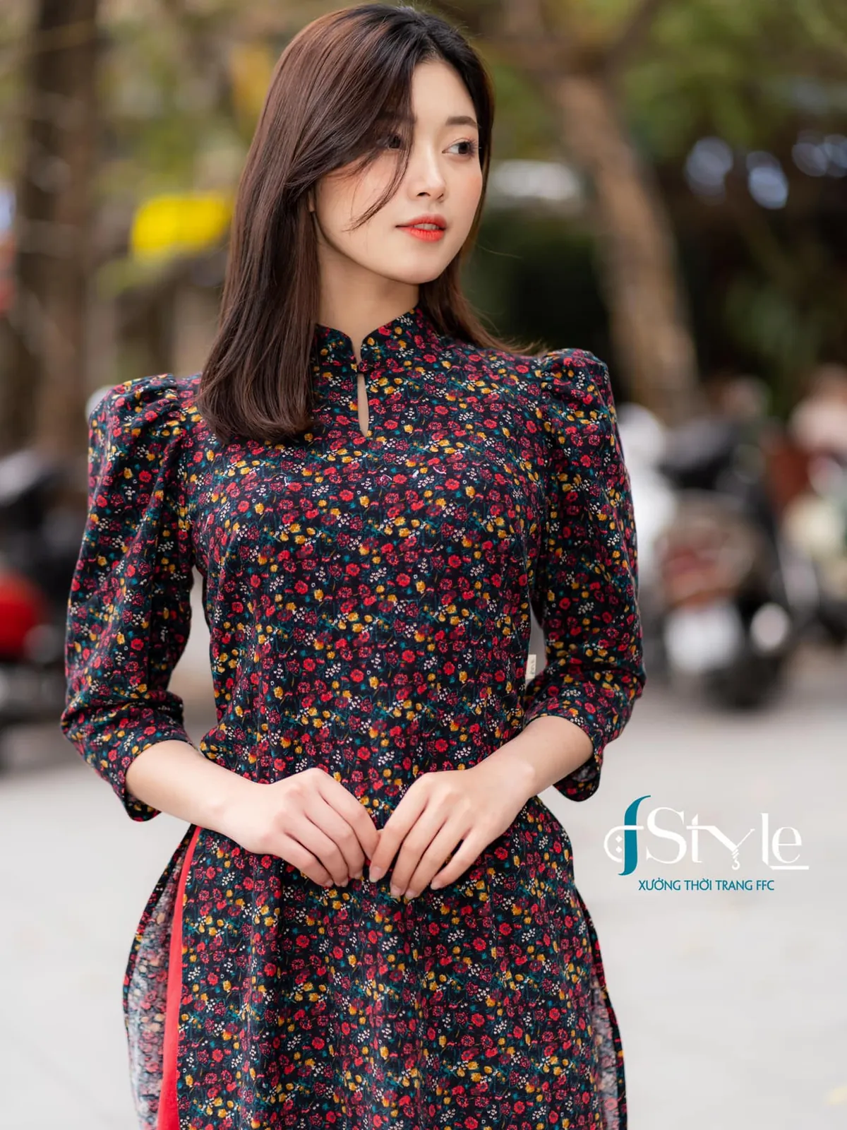 Áo dài tay bồng cà bông hoa nhí đỏ
