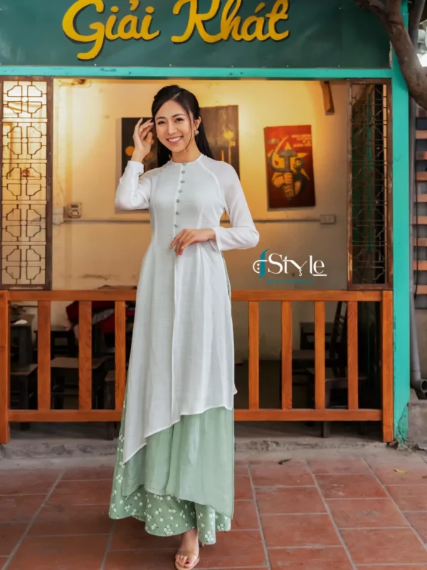 Áo dài 2 lớp đũi tơ trắng phối xanh