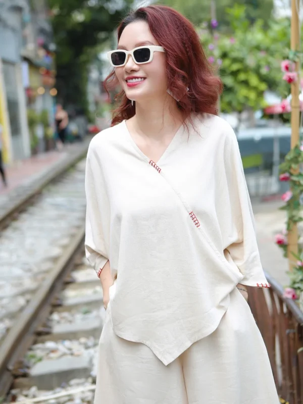 Áo xếp chồng thân, vạt chéo linen