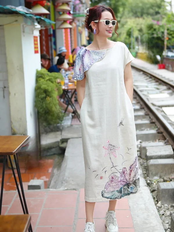 Váy linen be, tay chờm lá sen