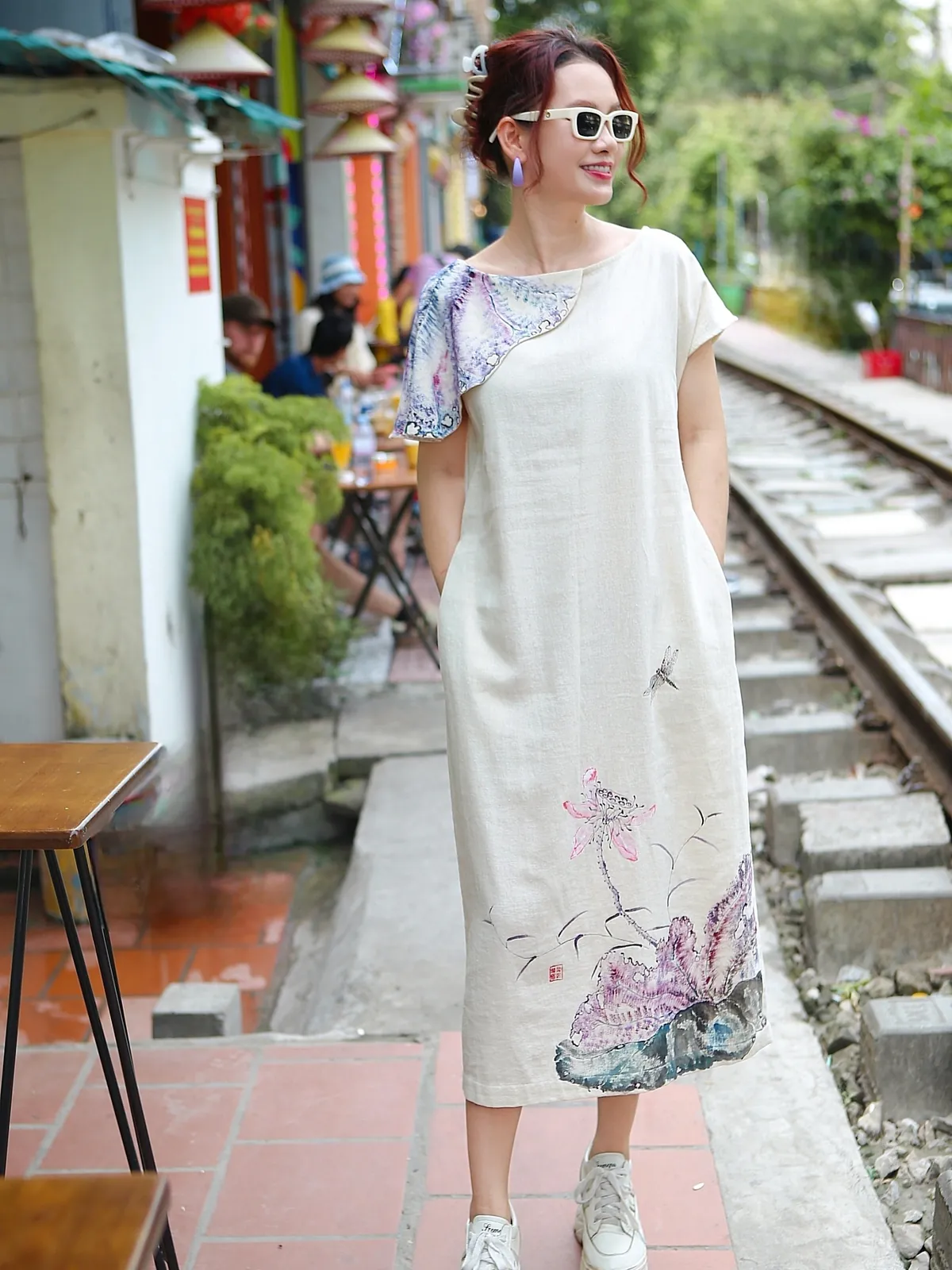 Váy linen be, tay chờm lá sen