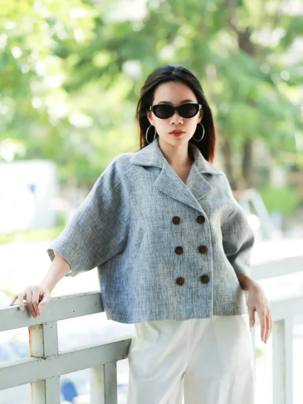 Áo khoác cổ 2 ve dạ ghi sáng