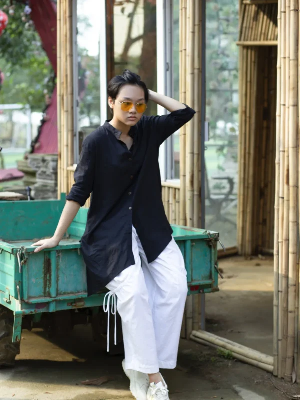 Quần cạp chun, rút dây bên sườn linen trắng