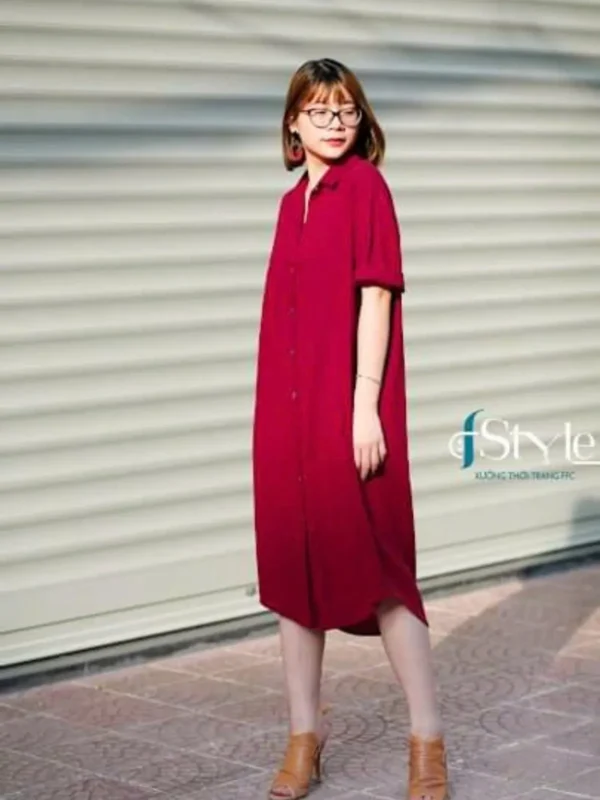 Váy sơ mi cổ đức,tay lỡ linen đỏ đô